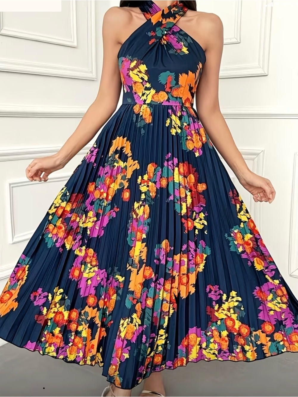 Navy Floral Halter Maxi Dress